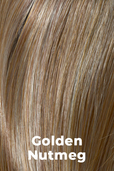 Color Swatch Golden Nutmeg for Envy wig Roxie.  Medium brown base with a red hue, golden blonde highlights and a rich chocolate brown root.