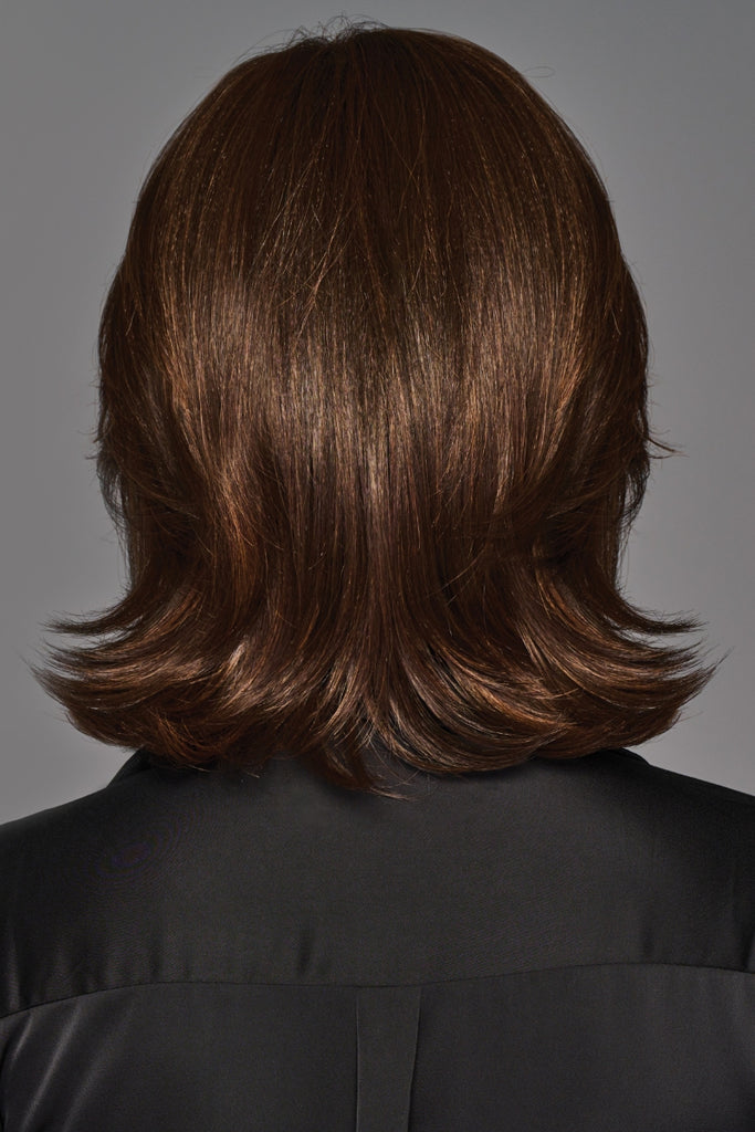 Back view of the heat friendly synthetic wig in the color Chocolate Copper.