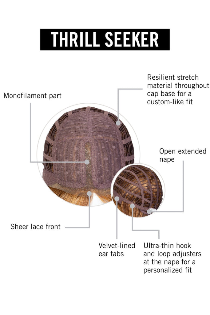 Close up of Thrill Seeker cap construction, showing the extended nape and the skin part.