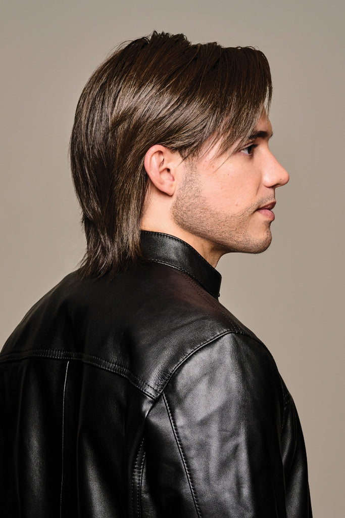 Side view of a men's wig in the color M7S, Ash Brown.