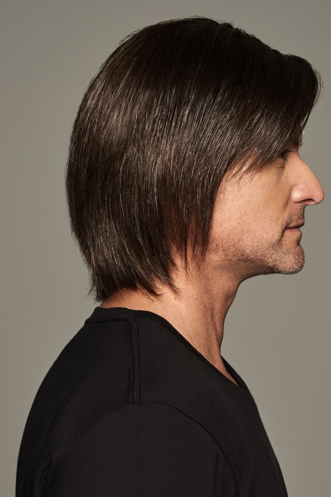 Model wearing HIM men's wig Sharp side view 6.