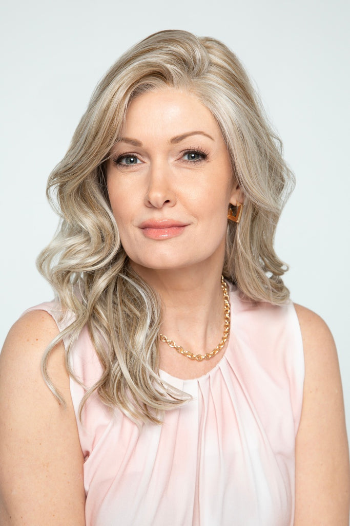 Close up of a long length wig with barrel curls.