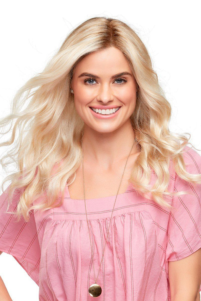 Beautiful woman smiling as she wears Jon Renau's wig Sarah in Venice Blonde.