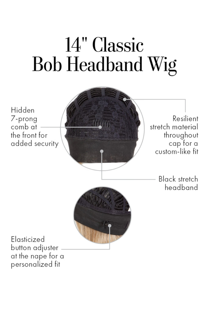 Cap construction diagram showing the 14" Classic Bob Headband Wig by Kim Kimble wigs.