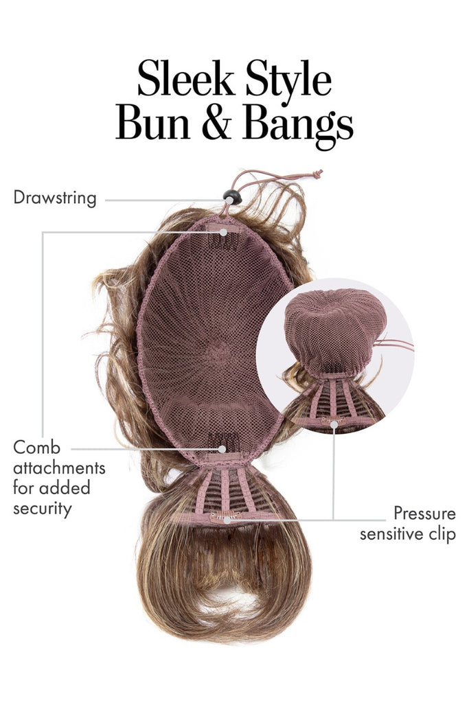 Cap construction diagram showing the sleek style bun and bangs.