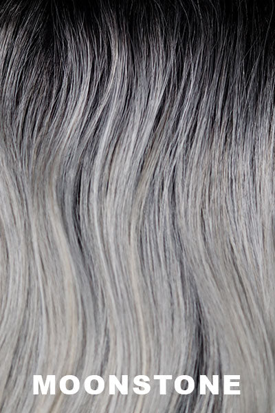 Noriko - Shaded Synthetic Colors - Moonstone. A blend of cool white silver gray and creamy white gray tones. The subtle, refined beauty of this color palette is completed with the addition of natural dark brown roots.