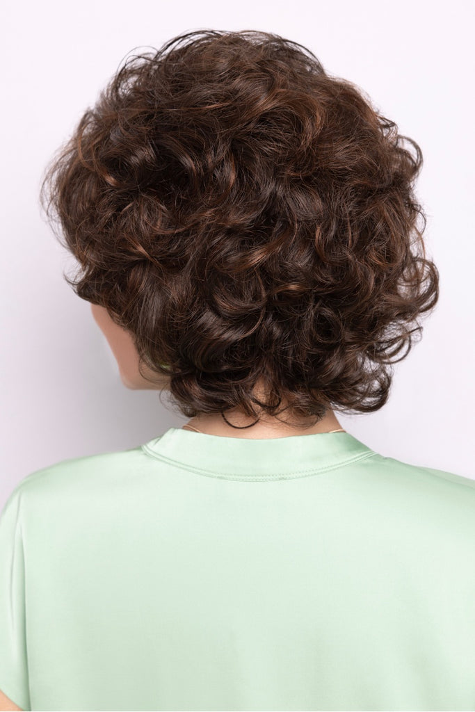 Back of a curly chestnut brown wig with auburn highlights.