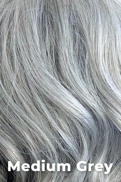 Color Swatch Medium Grey for Envy wig Isabella Human Hair Blend. A silvery blend of salt and pepper with medium brown woven throughout.