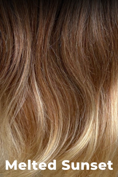 Color Melted Sunset for Amore wig Evanna Mono (#2568). Dark golden pearl brown root melting into a medium amber blonde with a hint of saffron and bright golden blonde ends.