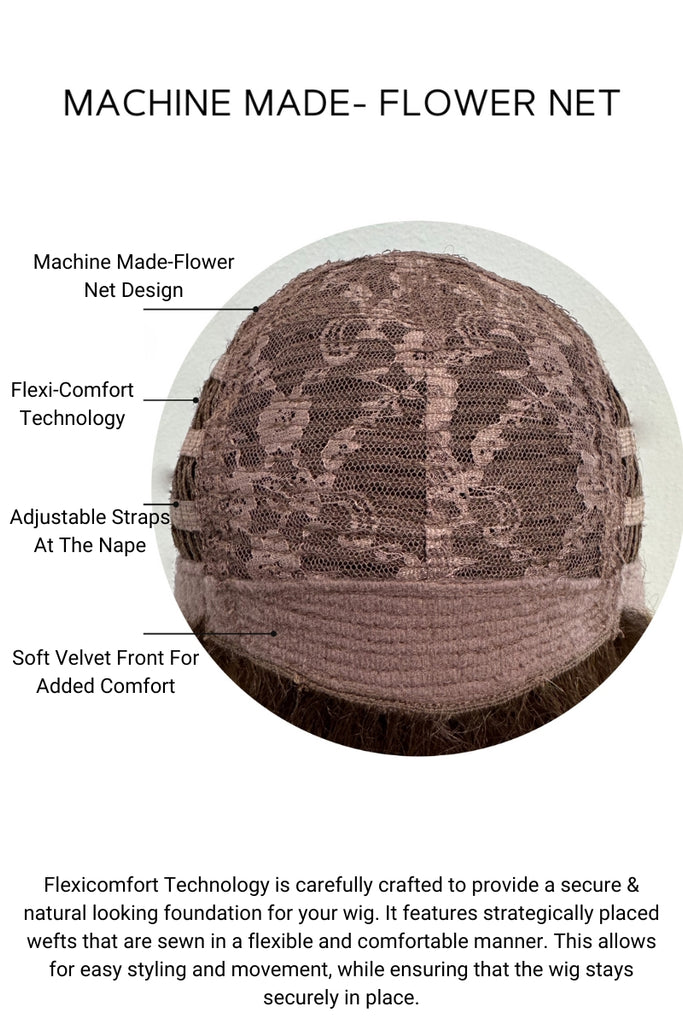 Cap Construction Diagram showing the Machine Made-Flower net by Orchid wigs.