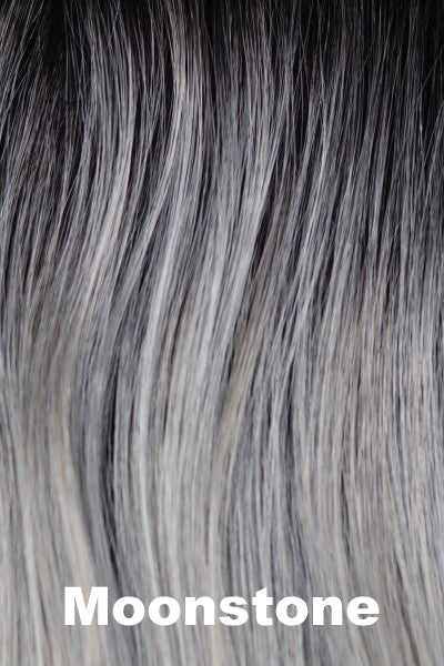 Orchid - Synthetic Colors - Moonstone. A blend of cool white silver gray and creamy white gray tones. The subtle, refined beauty of this color palette is completed with the addition of natural dark brown roots.