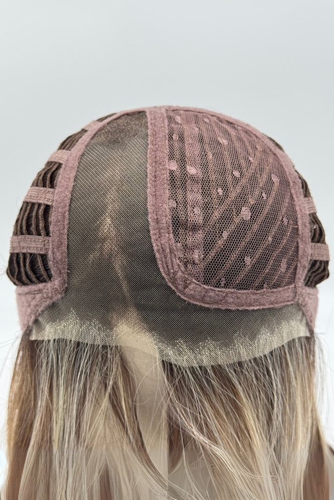 Close up of Dazzling Wavez cap construction showing the monofilament part and extended lace front.