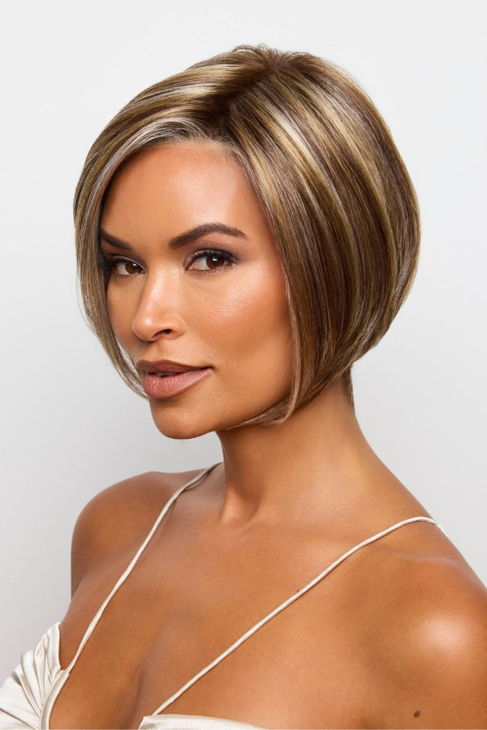 Side view of model showing the stacked pixie bob style.