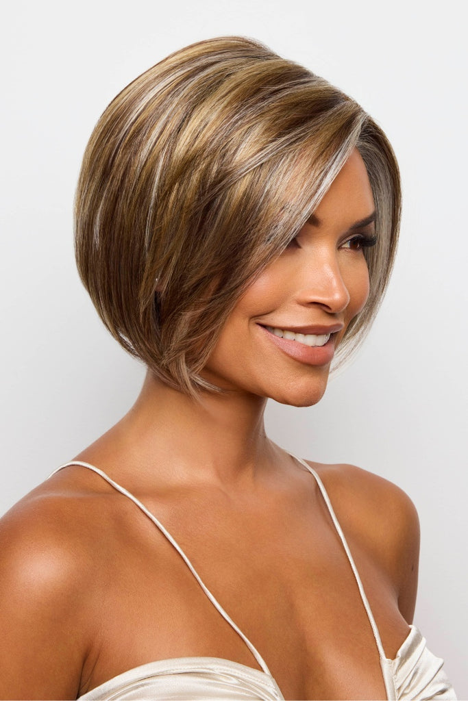 Close up of a sleek, polished short length style with light layering.