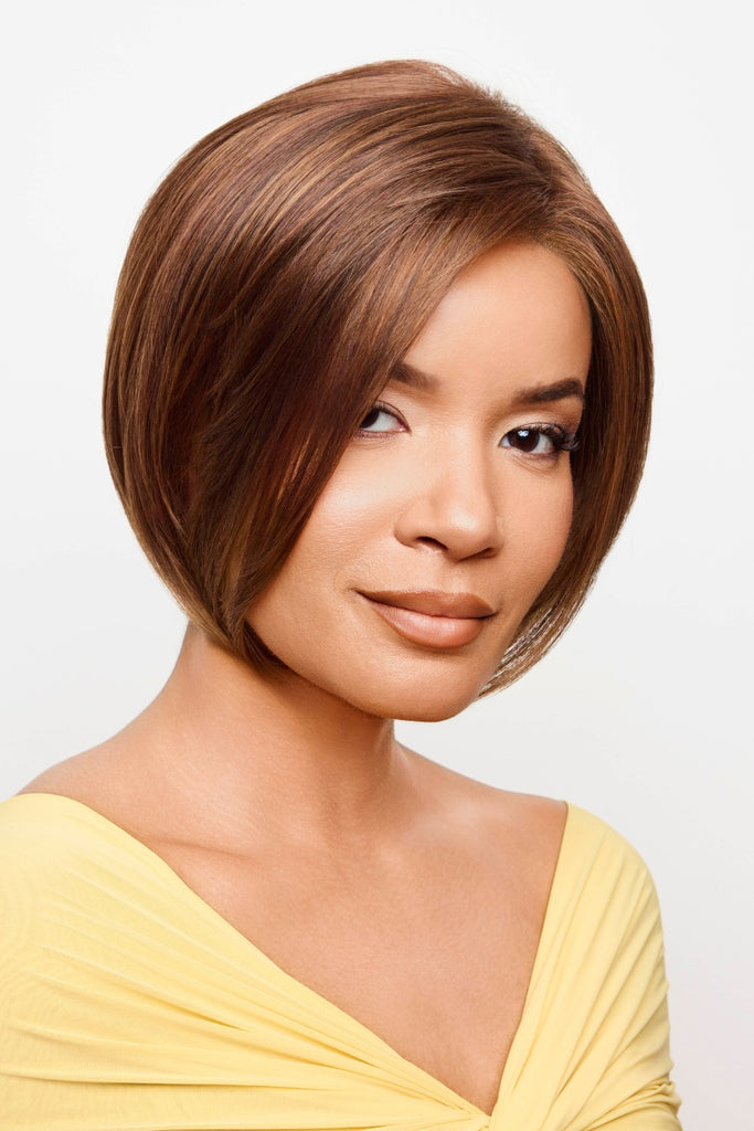 Model showing a Noriko wig in the color Spiced Brown.