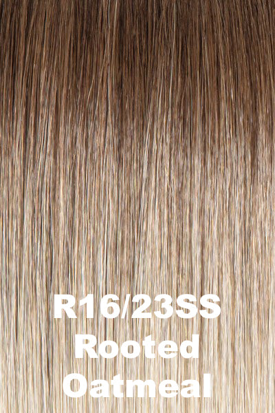 Hairdo - Synthetic Colors - Rooted Oatmeal (R16/23SS). Medium brown root gradually blending to a pale blonde and ash blonde highlights.