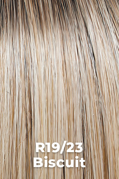 Hairdo - Synthetic Colors - Biscuit (R19/23). Pale blonde with dark brown roots and light honey highlights.