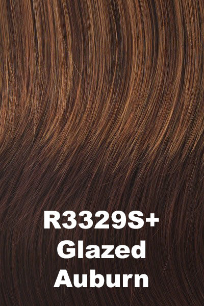 Hairdo - Synthetic Colors - Glazed Auburn (R3329S+). Rich dark Reddish Brown w/ pale Peach Blonde highlights.