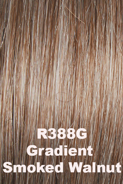 Raquel Welch - Synthetic Colors - Gradient Smoked Walnut (R388G). Light Brown w/ 80% Gray throughout the front, crown & sides, gradually blend into darker nape w/ 50% light Brown/Grey mix.