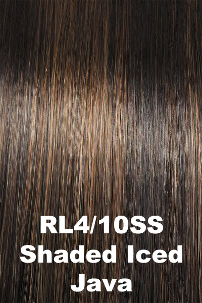 Color Shaded Iced Java (RL4/10SS) for Raquel Welch wig Voltage.  Dark brown with a cool undertone, light brown highlights, and dark brown roots.