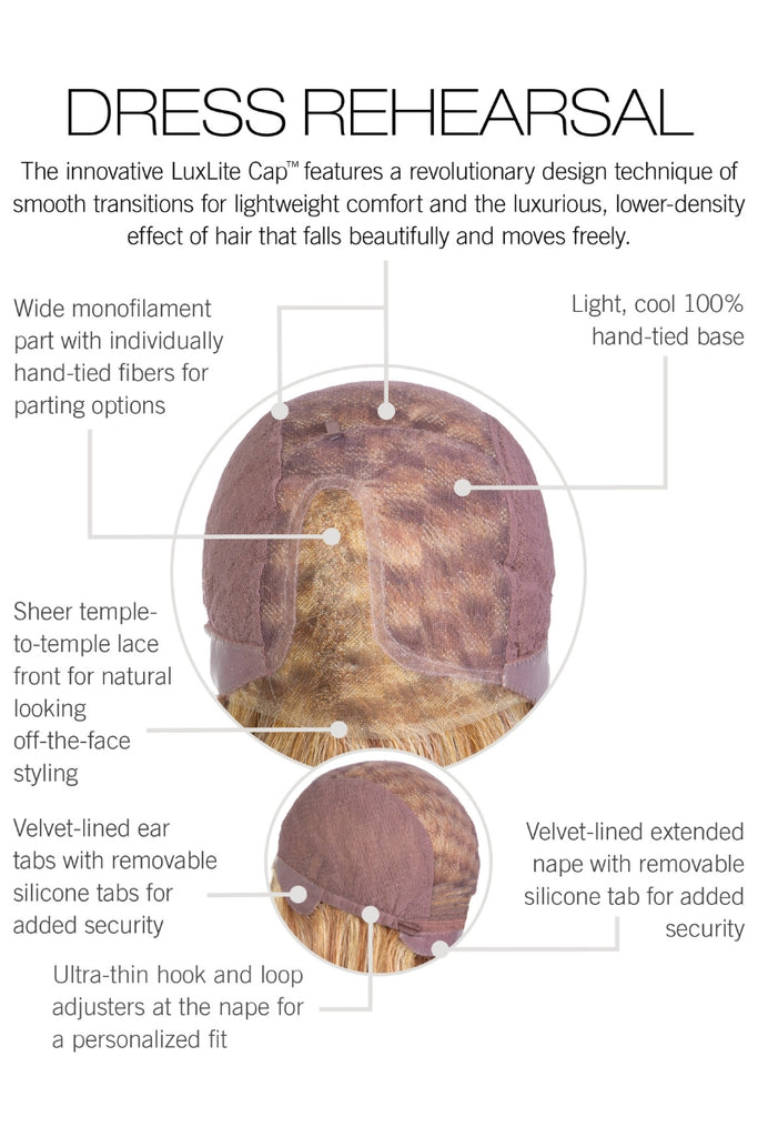 Cap construction diagram of Dress Rehearsal showing the monofilament part and 100% hand tied base.