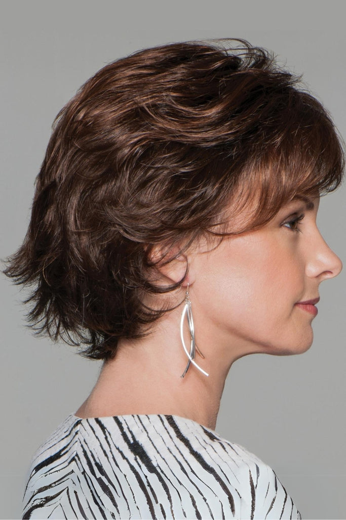 Side view of short layered wig.