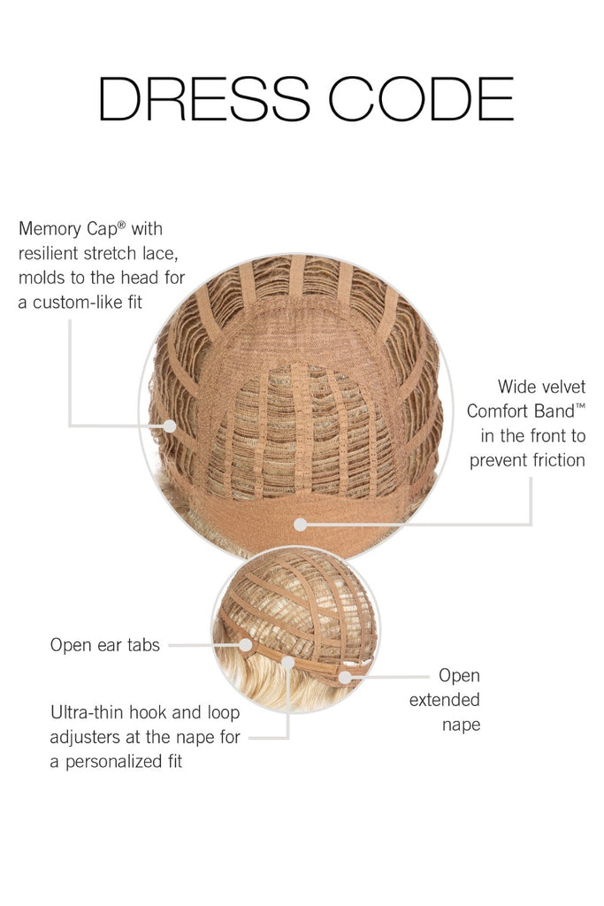 Close up of Raquel Welch Dress Code Large's cap construction, showing a standard wefted cap.