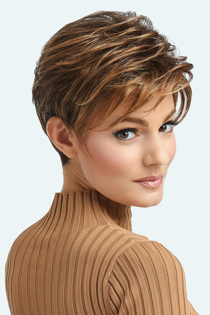 Model wearing Raquel Welch wig Advanced French 1.