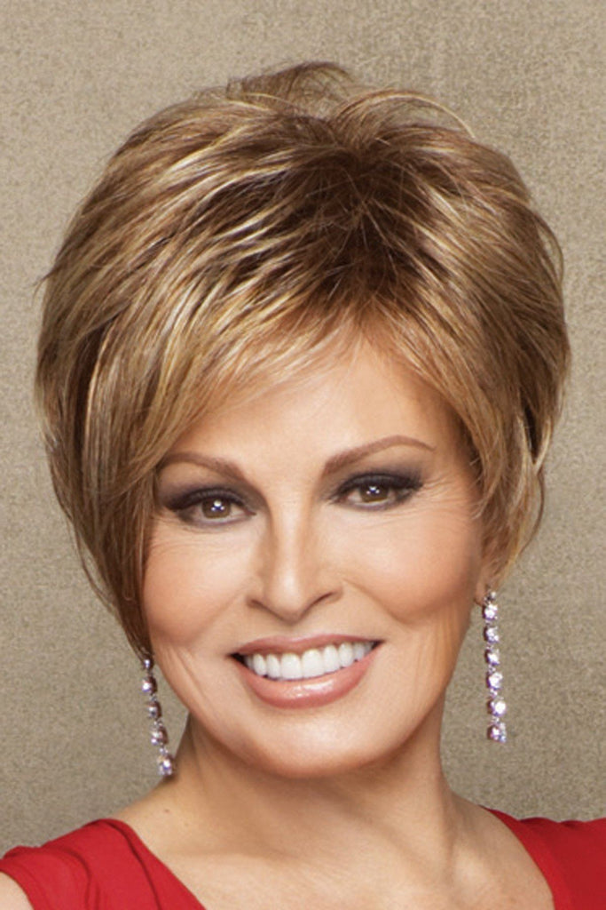 Model wearing Raquel Welch wig Cinch 1.