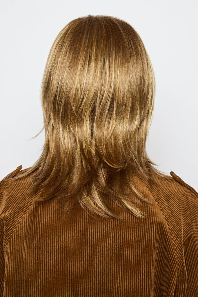 Back of women wearing a layered wig.