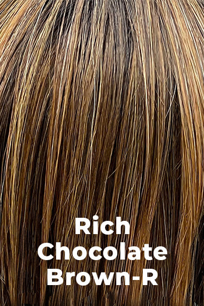 Belle Tress Wigs - Tory (LX-5019) - Rich Chocolate Brown-R. Deep warm brown base with caramel highlights and a dark brown root.