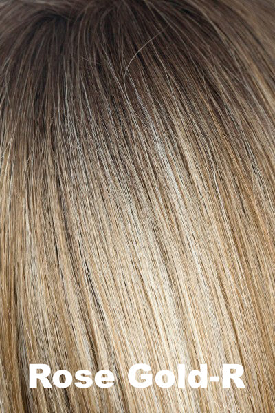 Color Rose Gold-R for Noriko wig Beau (#1727). Dark to medium golden brown root blending into a rose gold blonde base.