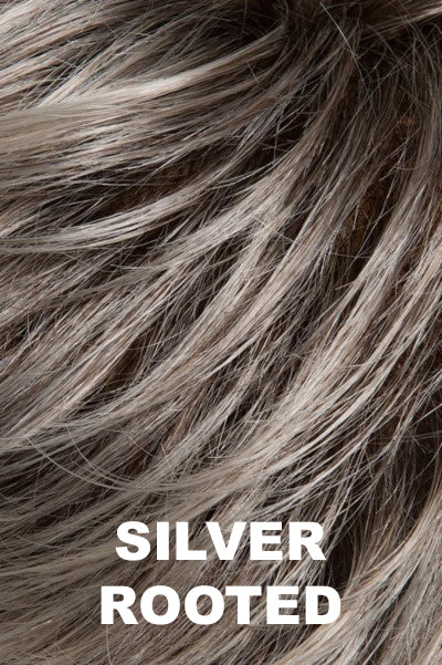Ellen Wille - Rooted Synthetic Colors - Silver Rooted. Pure Silver White and Pearl Platinum Blonde Blend and Dark Brown Roots.