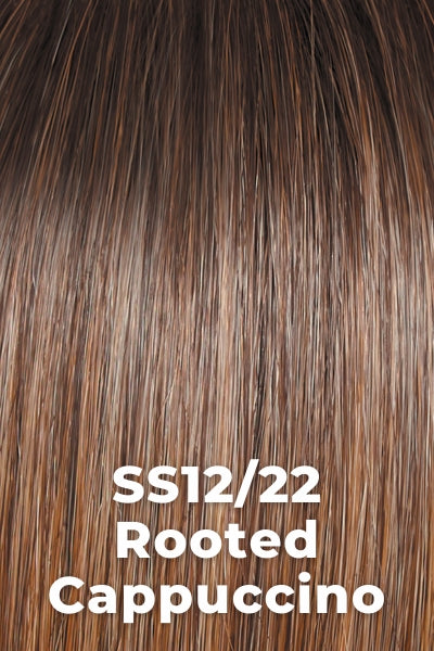 Hairdo - Synthetic Colors - Rooted Cappuccino (SS12/22). Light Golden Brown w/ Cool Blonde highlights all over and dark Brown Roots.