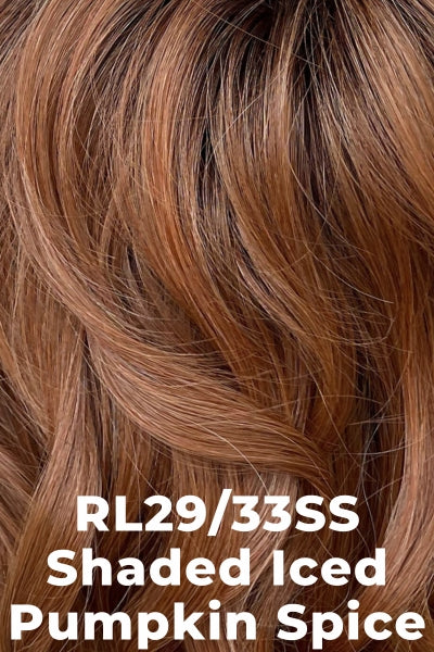 Color Shaded Iced Pumpkin Spice (RL29/33SS) for Raquel Welch Top Piece Top Billing Wavy 14".  Bright strawberry blonde base with copper highlights and dark red brown roots.