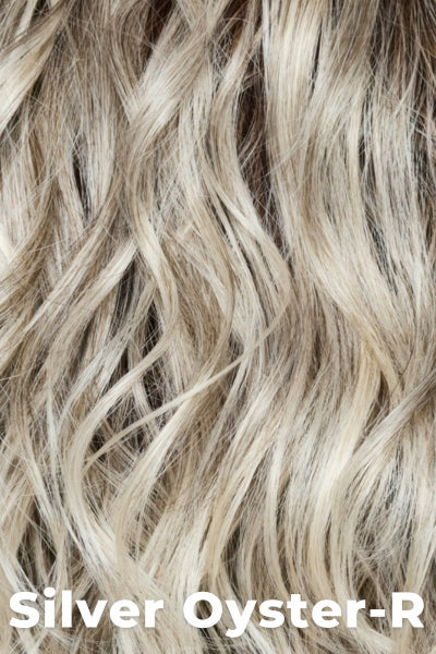 Amore Wigs - Rohan (#2589) - Silver Oyster-R. Silver and beige blended base with rich brown root tone. Great substitute tone for blond.