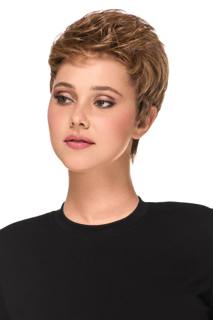 Model wearing the heat friendly synthetic fiber wig.