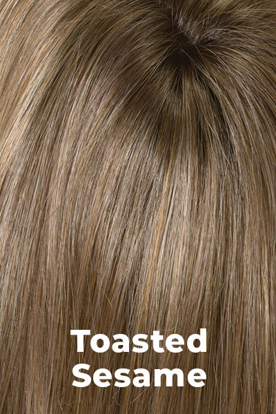 Color Swatch Toasted Sesame for Envy wig Roxie.  Light brown base with wheat blonde and dark blonde highlights and a chestnut brown rooting.