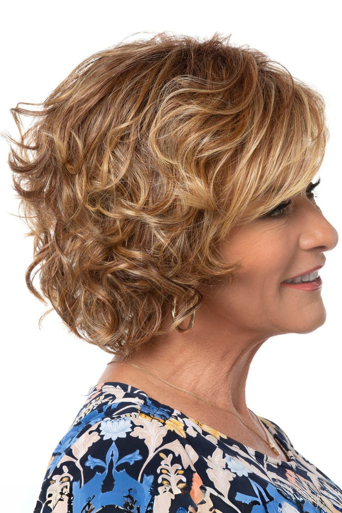 Side view of woman wearing a Toni Brattin wig.