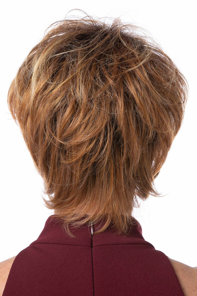 Back view of model showing a wig in the color Red Blonde.