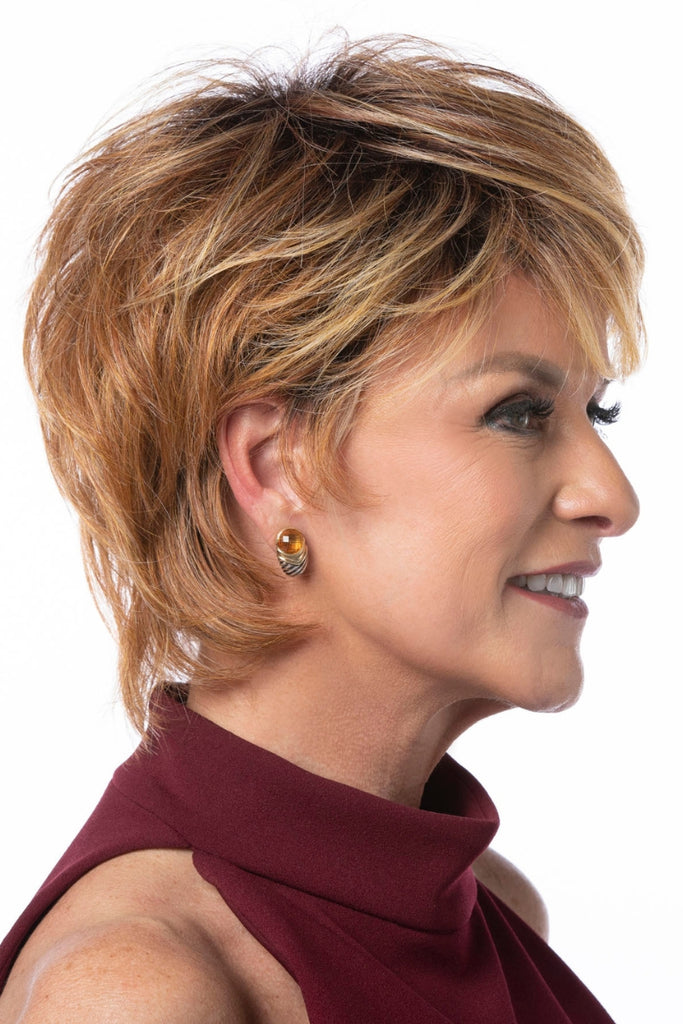 Side view of a pixie cut wig.