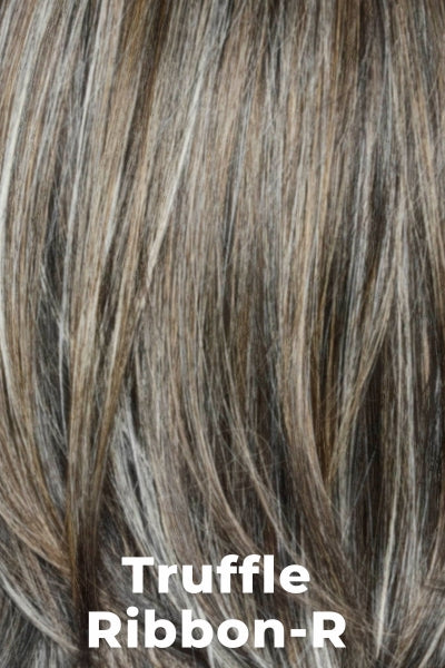 Amore Wigs - Rohan (#2589) - Truffle Ribbon-R. Off-black base with warm medium brown and silver highlights. The dark brown root creates a naturally dimensional appearance. 