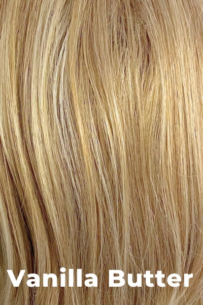 Color Swatch Vanilla Butter for Envy wig Harper. Golden blonde base with pale blonde and honey blonde highlights.