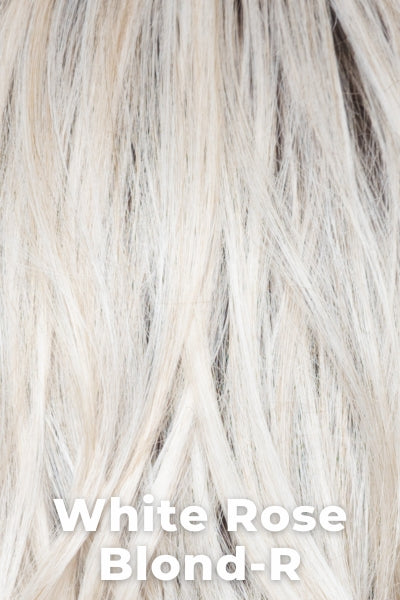 Amore Toppers - Medium Wavy TP Mono (#774) - White Rose Blond-R. White blond base with subtle brown highlights. The medium-brown roote creates a vibrant appearance.